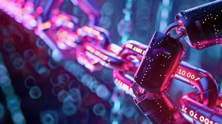 This vibrant illustration showcases a digital security concept featuring colorful chains and padlocks symbolizing data protection and blockchain technology.の素材