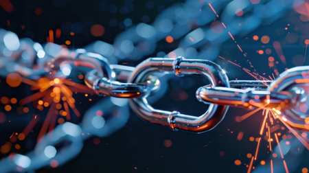 A striking close-up of interlocking metal chain links showcasing sparks against a blurred bright background, ideal for industrial and technical visuals.の素材