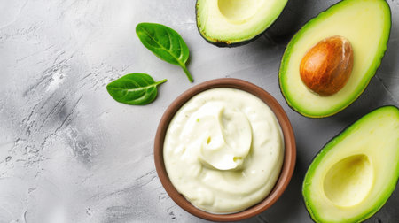 This image showcases a creamy avocado dip in a rustic brown bowl, surrounded by fresh avocado halves and green spinach leaves, set against a textured gray background.の素材