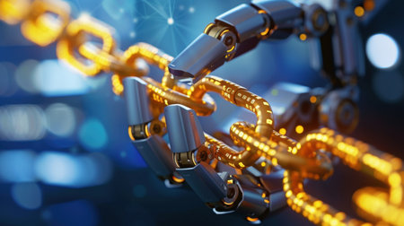 This captivating image showcases a robotic hand gripping golden chain links, representing advanced technology and automation in a vibrant, abstract setting.の素材