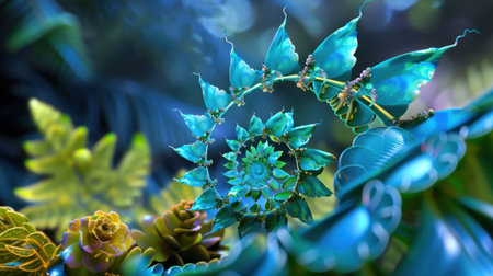 Explore a mesmerizing composition of vibrant green and blue leaves creating a captivating swirl in a fantastical jungle setting, with intricate details and textures.の素材