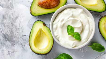 This vibrant image features fresh avocado halves alongside a creamy yogurt dip, garnished with fresh basil leaves, perfect for healthy snacks.の素材