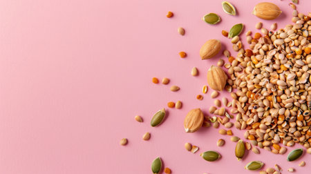 A visually appealing arrangement of assorted nuts and seeds is scattered on a soft pink background, perfect for representing healthy eating concepts.の素材