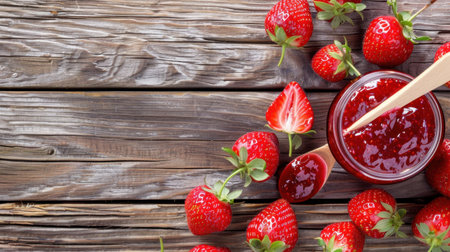 A visually appealing arrangement of fresh strawberries and a jar of homemade strawberry jam on a rustic wooden background. Perfect for food photography.の素材