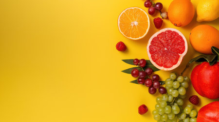 A visually striking arrangement of assorted fresh fruits, including grapefruit, oranges, lemons, and berries, set against a vivid yellow background. Perfect for promoting healthy eating.の素材