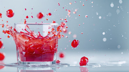 A vibrant glass filled with a cherry drink splashes liquid in a dynamic motion. The bright red droplets create an energetic scene, evoking freshness.の素材