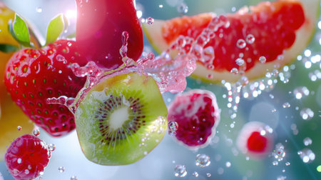 A stunning composition of colorful fruits splashing in water creates a dynamic visual effect, perfect for summer themes and healthy lifestyle imagery.の素材