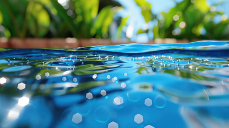 A captivating view of a serene water surface adorned with gentle ripples, reflecting bright sunlight and surrounded by lush greenery, creating a peaceful atmosphere.の素材