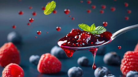 A visually striking image of raspberry jam on a silver spoon, highlighted with fresh berries and mint leaves. The artistic arrangement showcases vibrant colors and playful droplets, making it perfect for food-related projects.の素材