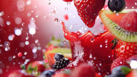 A stunning close-up image of a vibrant splash of fresh fruits, including strawberries, blueberries, and kiwi, amid water droplets on a red background, exuding freshness.の素材