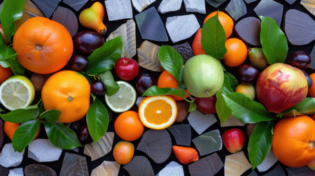 A stunning assortment of fresh fruits including oranges, apples, pears, and plums, artfully arranged with green leaves on a textured mosaic background.の素材