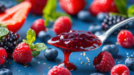 A close-up shot of a spoonful of berry jam dripping enticingly, surrounded by an array of fresh strawberries, raspberries, blackberries, and blueberries.の素材