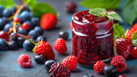 A vibrant glass jar filled with fresh berry jam, surrounded by an assortment of juicy raspberries, blueberries, and strawberries, accentuated by green mint leaves.の素材