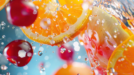 This stunning image showcases an explosion of orange and lemon slices interspersed with vibrant red berries, all enhanced by sparkling water droplets.の素材