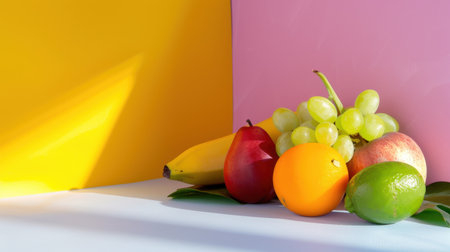 A colorful arrangement of fresh fruits including bananas, apples, oranges, pears, and grapes showcased on a vibrant background. Ideal for health, nutrition, and wellness themes.の素材