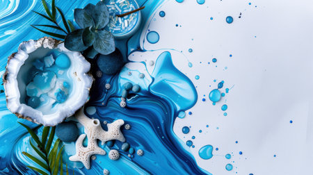 A stunning abstract composition featuring rich blue marbled paint, delicate natural elements, and elegant textures, perfect for creative projects and backgrounds.の素材