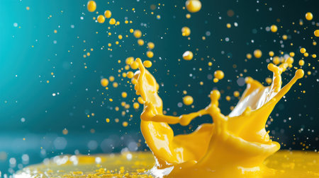 A striking capture of yellow paint splashing into a colorful pool, creating an energetic and vibrant display of motion and texture, perfect for art-themed projects.の素材