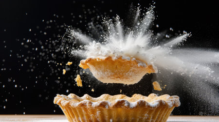 This captivating image showcases a pie crust suspended in mid-air, surrounded by an explosion of flour, creating a dynamic and artistic culinary scene.の素材