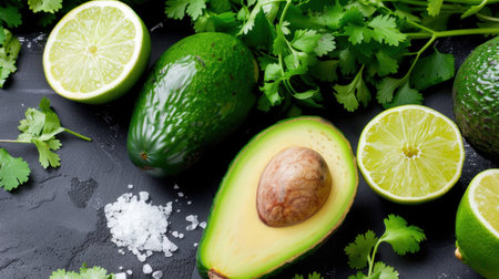 A visually appealing arrangement of fresh limes, ripe avocados, and vibrant cilantro on a dark surface, ideal for culinary inspiration and health-focused recipes.の素材