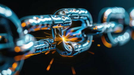 This image captures the moment a steel chain is breaking, with bright sparks flying against a dark background, showcasing strength and tension.の素材