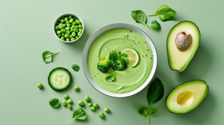 A vibrant green smoothie bowl featuring creamy avocado, fresh broccoli, peas, and spinach arranged beautifully on a soft green backdrop. Perfect for healthy eating!の素材