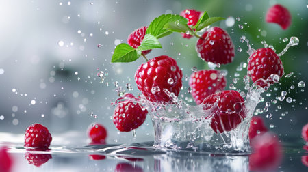 This stunning image captures fresh raspberries creating a dynamic splash in clear water. The vibrant red berries are surrounded by sparkling droplets, evoking freshness and vitality. Perfect for food-related projects or health-focused content.の素材