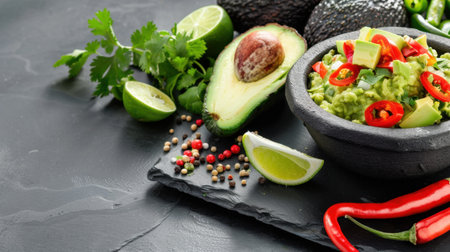 This vibrant image showcases fresh ingredients for a delicious guacamole dish, featuring ripe avocados, spicy chili, and lime wedges on a slate plate. Perfect for healthy cooking inspiration!の素材
