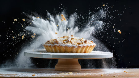 Capture the magic of baking with this stunning image of an apple pie on a wooden table, surrounded by a cloud of flour and crumbs, perfect for food enthusiasts.の素材
