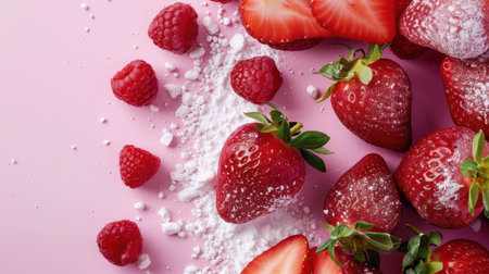 A stunning arrangement of fresh strawberries and raspberries dusted with powdered sugar on a soft pink background, showcasing vibrant colors and textures.の素材