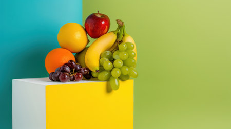 A vibrant still life featuring a lively assortment of fresh fruits arranged on a geometric background. Perfect for health and wellness themes.の素材