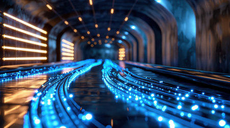 A captivating view of a futuristic tunnel featuring mesmerizing blue light trails and neon effects, creating an immersive and modern abstract ambiance.の素材