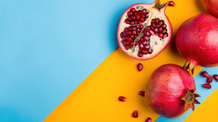This vibrant image features bright pomegranates on a colorful background, highlighting their juicy seeds and rich texture, ideal for food lovers and health enthusiasts.の素材