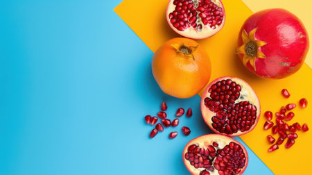 A visually striking composition featuring fresh pomegranate halves and oranges arranged against a blue and yellow backdrop. Perfect for food lovers.の素材