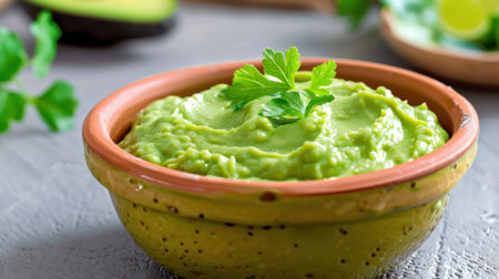 This image showcases a delicious creamy avocado dip served in a rustic bowl, garnished with fresh herbs, perfect for healthy snacking or appetizers.の素材