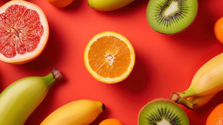 A stunning arrangement of fresh fruits including bananas, oranges, grapefruit, and kiwi, set against a bold red background, inviting healthy eating enthusiasts.の素材