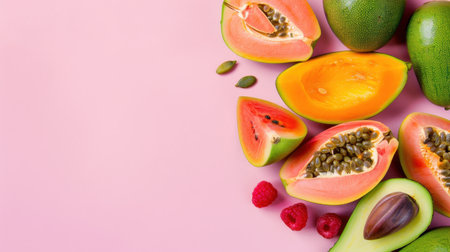 This vibrant arrangement features fresh papaya, avocado, and raspberries on a soft pink background, showcasing slices and seeds for a delightful aesthetic.の素材