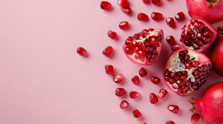 This captivating image showcases fresh pomegranates arranged beautifully on a soft pink background, emphasizing their vibrant colors and juicy seeds.の素材