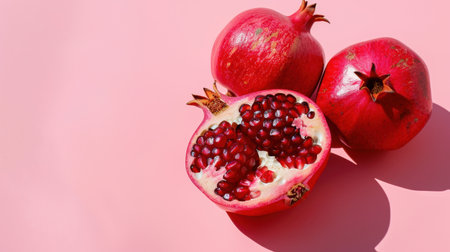A striking display of fresh pomegranates, including a halved fruit showcasing deep red seeds, set against a soft pink background, highlighting health and nutrition.の素材