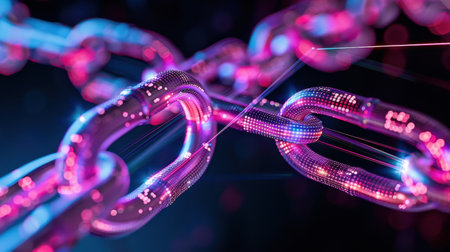 This image captures an abstract representation of a digital chain link, showcasing vibrant neon colors that symbolize connectivity and modern technology.の素材