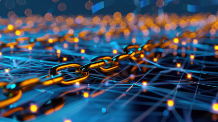 This striking digital representation features glowing chains interwoven within a network of vibrant particles, symbolizing technology and connectivity.の素材
