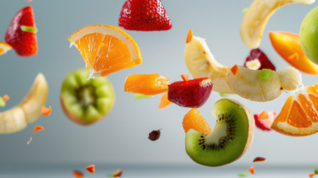 A captivating scene featuring an array of fresh fruits suspended in mid-air, showcasing vibrant colors and dynamic motion. Ideal for promoting health.の素材