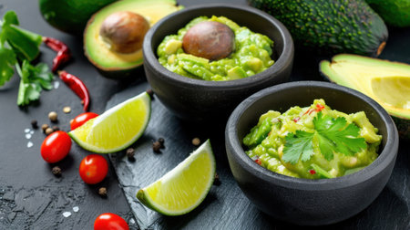 Indulge in a vibrant bowl of fresh guacamole made with ripe avocados, zesty limes, and diced tomatoes. Ideal for snacks or appetizers.の素材