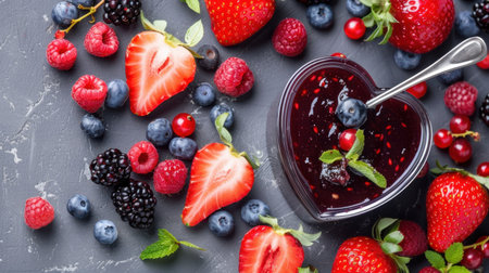 This captivating image showcases a variety of fresh berries alongside homemade jelly in a heart-shaped bowl, perfect for food lovers.の素材