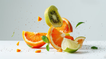 A stunning display of vibrant citrus and kiwi slices, beautifully arranged with fresh mint leaves, creating an inviting and refreshing scene.の素材