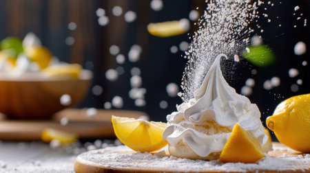 A captivating dessert featuring whipped cream artfully decorated with lemon slices and a sprinkle of sugar, embodying a refreshing and sweet culinary experience.の素材