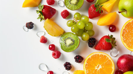 A vibrant and colorful arrangement of fresh fruits including kiwi, strawberries, oranges, pineapple, and grapes set against a clean white background, perfect for highlighting healthy eating or summer themes.の素材