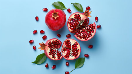 A vibrant display of fresh pomegranate fruit featuring whole and halved sections revealing glossy red seeds on a soft blue background. Ideal for culinary and health themes.の素材