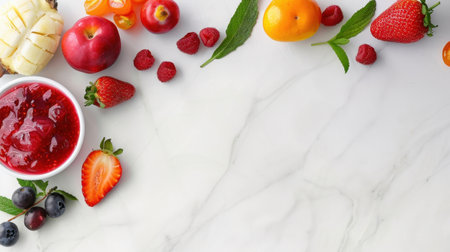 A vibrant display of fresh fruits including strawberries, blueberries, and oranges combined with a bowl of jam on a marble surface, perfect for culinary inspiration.の素材
