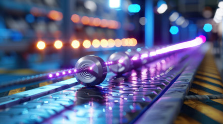 This stunning image showcases a futuristic technological scene featuring colorful light beams and metallic objects on a modern industrial surface, emitting a vibrant and dynamic atmosphere.の素材