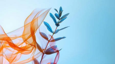 A captivating image showcasing a delicate leaf entwined with colorful smoke waves. The soft light blue background enhances the artistic expression and creates a serene atmosphere, perfect for themes of nature and creativity.の素材